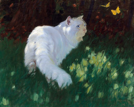 Framed canvas art print giclée Arthur Heyer White Cat and Butterflies - £41.94 GBP+