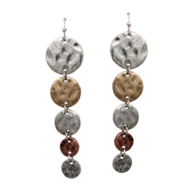 Multi Disc Hammered Tri Color Dangle Earrings Silver Gold Copper - £10.58 GBP
