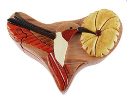 Hummingbird Flower Wooden Intarsia Puzzle Box Secret Chamber Handcrafted - $34.54