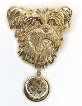 Vintage Gold Tone Terrier Dog Brooch Pin with Round Etched Heart Locket - $20.00