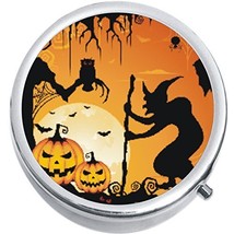 Witch Bats Pumpkins Halloween Medicine Vitamin Compact Pill Box - £7.69 GBP