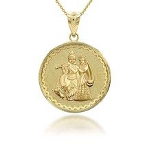 14K Solid Gold Radha Krishna Hindu Pendant Necklace - Yellow, Rose, or White - £268.43 GBP+