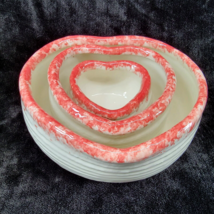 Nesting Bowls Heart Shaped Spongeware Set of 3 White Pink Vtg Cottagecore - $23.45