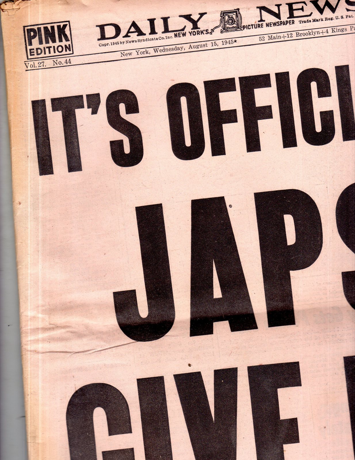New York Daily News, Wednesday August 15, 1945 - $12.00