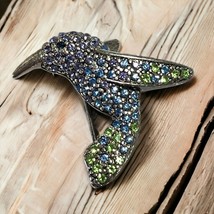 Monet Hummingbird in Flight Brooch Pin Vintage Silver Tone Blue Green Rhinestone - $14.88