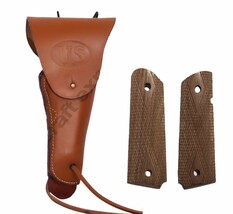 WW2 US Army .45 Hip M1911 Colt Tan Holster with walnut Wood Colt Grip (COMBO) - £30.82 GBP