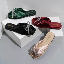 Satin Bow Tie Square Summer Slip On Sandals - £29.79 GBP