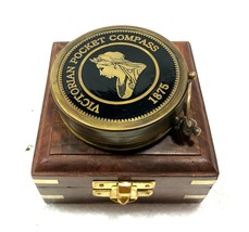 Victorian Pocket Compass 3&quot; Brass Navigation Pocket Compass with Wooden Box - £35.49 GBP