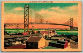 Ambassador Bridge Detroit Michigan MI Linen Postcard F14 - £2.10 GBP