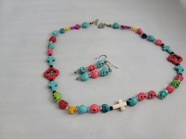 A Skulls and Roses Necklace and Earrings Bright Colors - £14.50 GBP