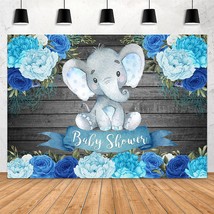 Boy Elephant Baby Shower Backdrops Blue Floral Watercolor Flowers Rustic Wood Wo - £20.74 GBP