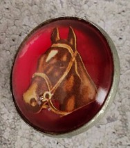 Vintage Horse Bridle Rosette Brooch Domed Glass Horse Head White Bear La... - £28.57 GBP