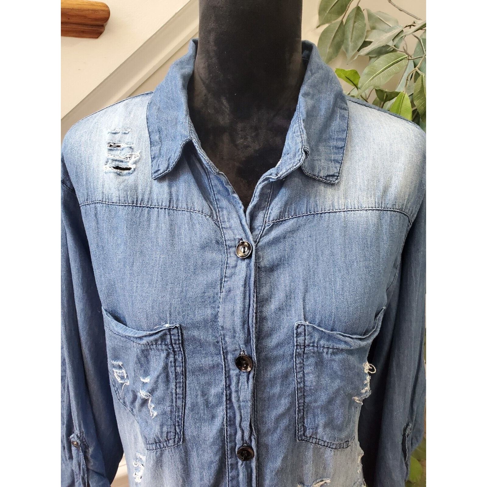 Thrill Jeans Distressed Blue Cotton Collared Long Sleeve Button Down Shirt 2X Item image 7