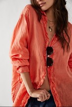 New Free People CP Shades Solid Ruffle Linen Shirt $252 SMALL Coral - £106.34 GBP