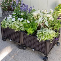 Modern 2-Piece Indoor Outdoor Raised Garden Planter Box on Wheels in PP Rattan - £125.46 GBP