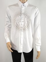 Mens CEREMONIA Shirt 100% Cotton Medusa Medallion Rhine Stones #STN 13 VRS white image 9