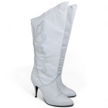 Vintage Wild Pair White Mid Calf Cowboy Boots Texture 3D Festival Countr... - £117.49 GBP