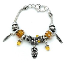 Silver Tone Owl Feather Slide Glass Bead Charm Bracelet - £11.05 GBP