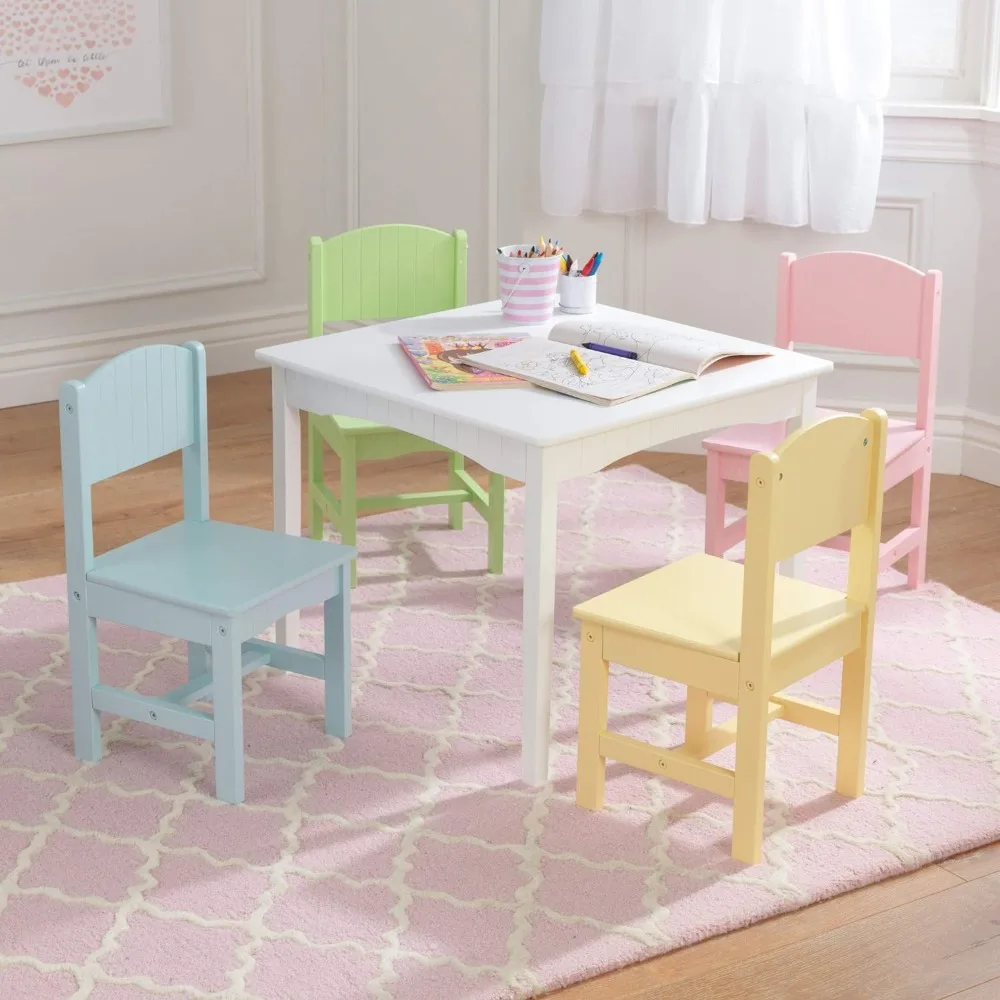 Children&#39;s wooden table and set of 4 chairs with wainscoting detail, pastel, - £158.79 GBP