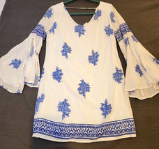 Pink Owl Tunic Mini Dress Women Sz S White Blue Floral Flared Bell Sleev... - $16.78