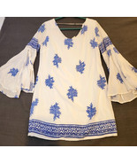 Pink Owl Tunic Mini Dress Women Sz S White Blue Floral Flared Bell Sleev... - $23.02 CAD