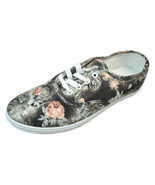 Womens Gray Pink Floral Print Canvas Sneakers Lace Up Plimsoll Tennis Shoes - £9.59 GBP