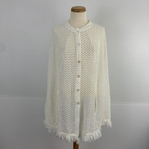 Vintage Women&#39;s M L ? Poncho Shawl White Knit Lacy Fringe Cottagecore Fairycore - £17.93 GBP