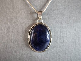 Womens Vintage Estate Sterling Silver Lapis Pendant &amp; Necklace 17.1g E7306 - £74.38 GBP