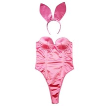 Playboy Bunny Costume Bodysuit Rabbit Ears Tail Cuffs Bow Tie PB127D Pink Small - £79.61 GBP