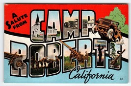 Greetings From Camp Robert California Large Big Letter Linen Postcard Jeep Tanks - £24.85 GBP