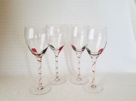 Pier 1 One Ruby Red &amp; Green Swirl Stem 9&quot; Wine Glasses Goblets  ~ Set of 4 - £34.02 GBP