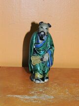 Chinese Mud Man Men Green Robe w Fan 4.25&quot; marked China Mudman repaired - $17.99