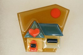 Artisan Crafted Fused Plastic Brooch Pink Heart &amp; Moon HOUSE Pin Lucinda Yates - £19.77 GBP