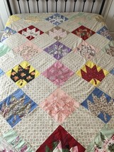 Antique 1950s Handmade Quilt Feedsack Maple Leaf Quilted Blocks Colorful... - €239,65 EUR