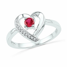 Sterling Silver Womens Round Lab-Created Ruby Solitaire Diamond Heart Ri... - £61.55 GBP