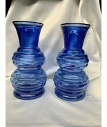 Vintage Pair USA 3 Cobalt Blue Transparent Ribbed Glass Vase - £52.77 GBP