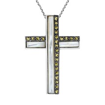 Statement Geometric Cross Mother of pearl and Marcasite Sterling Silver Necklace - £18.39 GBP
