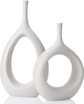 White Ceramic Hollow Vases Set Of 2, Flower Vase For Decor,, Housewarming Gift - £35.35 GBP