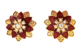 Vintage Avon Women&#39;s Post Earrings Rhinestones Red Enamel Chunky Gold Filagree - £22.66 GBP