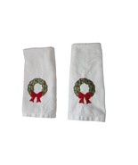 Set Of 2 White Cotton Hand Towels With Embroidered Green &amp; Red Christmas... - $323.67 MXN