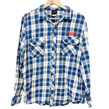 Stranger Things Flannel Shirt Blue Plaid Button Down Embroidered Netflix Women L - £19.25 GBP