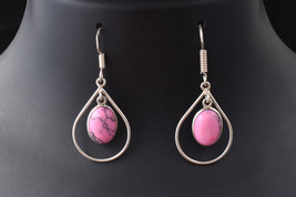 Handcrafted Silver Plated Oval Pink Turquoise Vintage Bezel Earrings Women Gift - £22.31 GBP