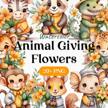 Bundle Watercolor Cute Animal Giving Flowers Clipart PNG - £2.37 GBP