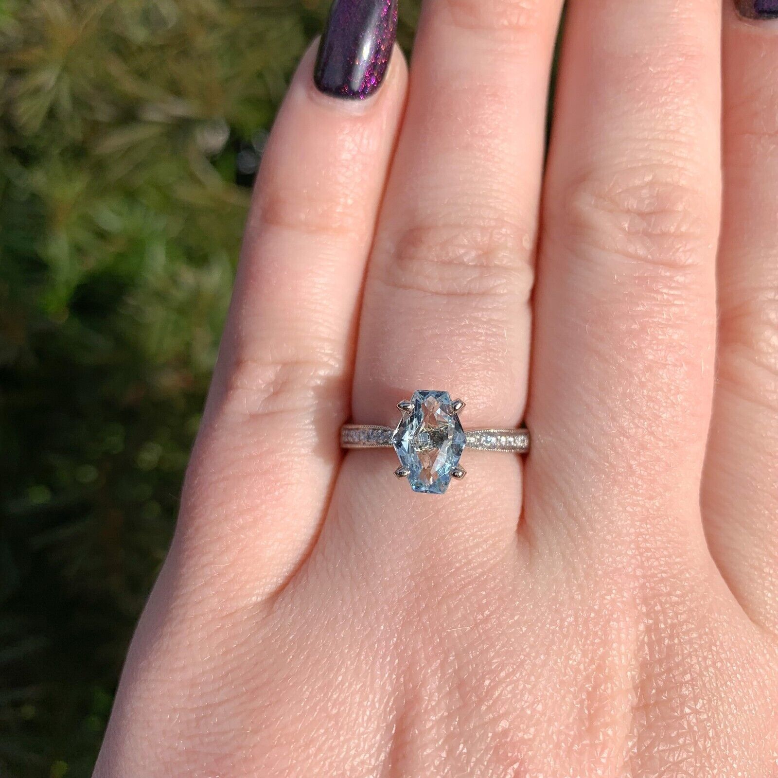 14k Gold Ring w/ Specialty Cut Genuine Natural Aquamarine Hand Engraved (#J6547) Item image 10