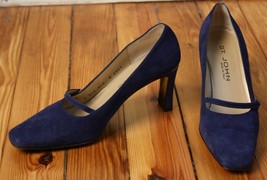 St. John 8.5 B Blue Suede Leather Square Toe Mary Jane Heels Pumps Italy - £38.62 GBP