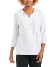 MSRP $60 Charter Club Tassel-Neck 3/4-Sleeve Top White Size Small - $26.73