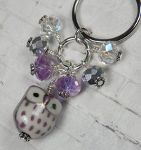 Purple Owl Cluster Keychain Ceramic Crystal Beaded Handmade Split Key Ri... - $14.84