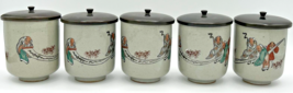 Vintage Japanese Pottery Ceramic Cups Painted with Lids Set of 5 U133 - £31.45 GBP
