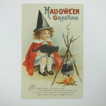 Vintage Halloween Postcard Girl Witch Brew Potion Cauldron Black Cat Clapsaddle - £31.85 GBP