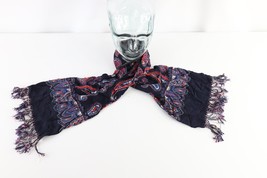 Vtg 50s 60s Rockabilly Paisley Wool Fringed Tassel Scarf Wrap Navy Blue ... - £34.92 GBP